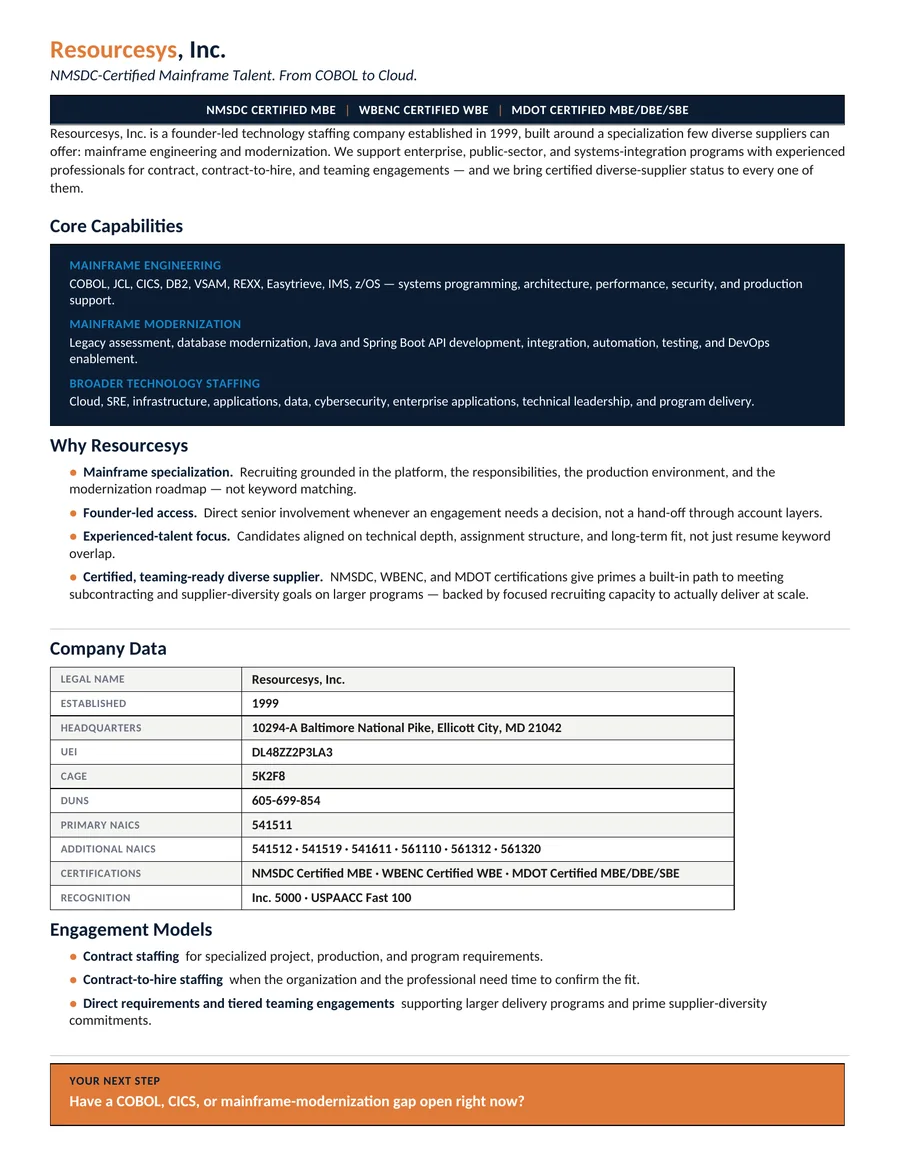Preview of the Resourcesys Mainframe Capability Statement